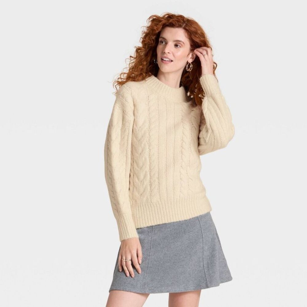 Women's Cabled Sweater - A New Day Cream M